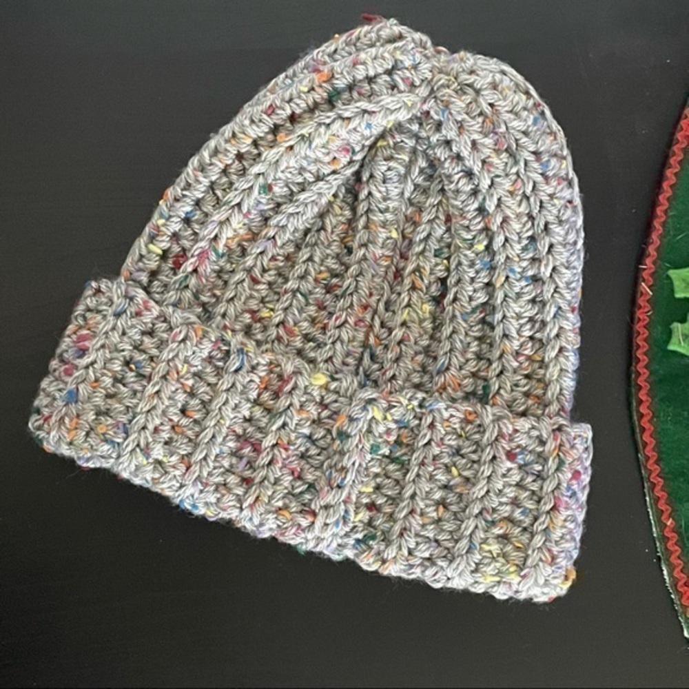 Handmade Cable Knit Ribbed Hat Silver Speckle Xtra Warm Crochet Beanie Men Women